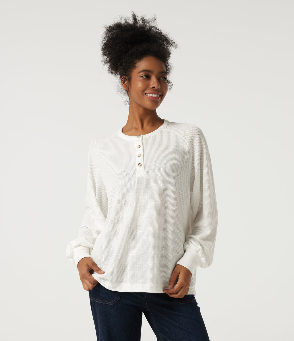 Henley Neck Long Sleeve Waffle Casual Top — White — view 4