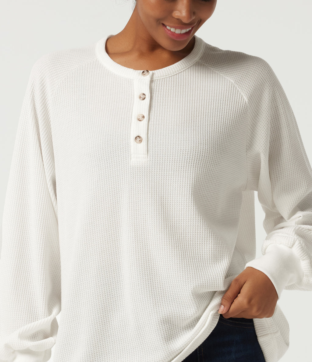 Henley Neck Long Sleeve Waffle Casual Top — White — view 5