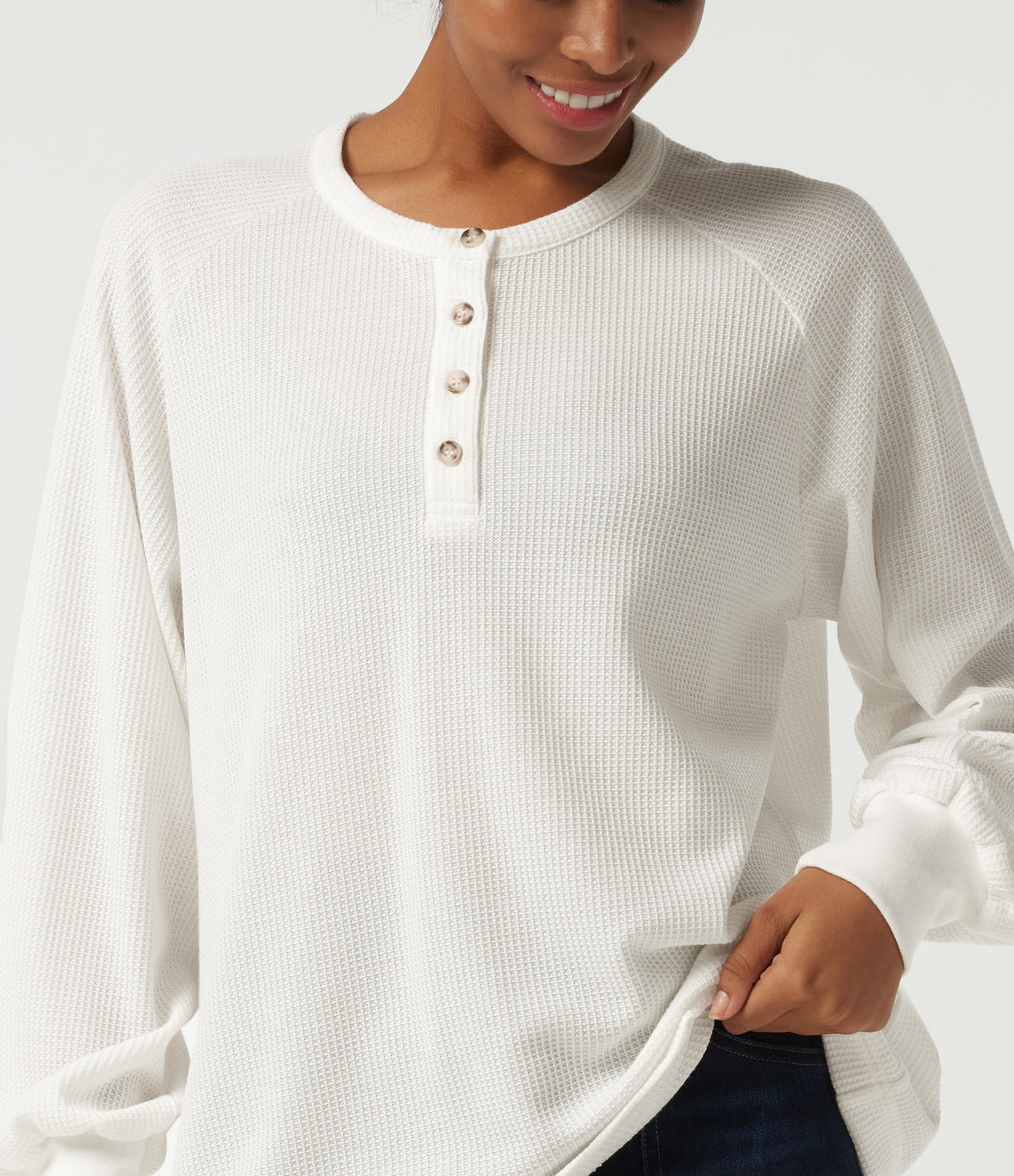 Henley Neck Long Sleeve Waffle Casual Top — White — view 5