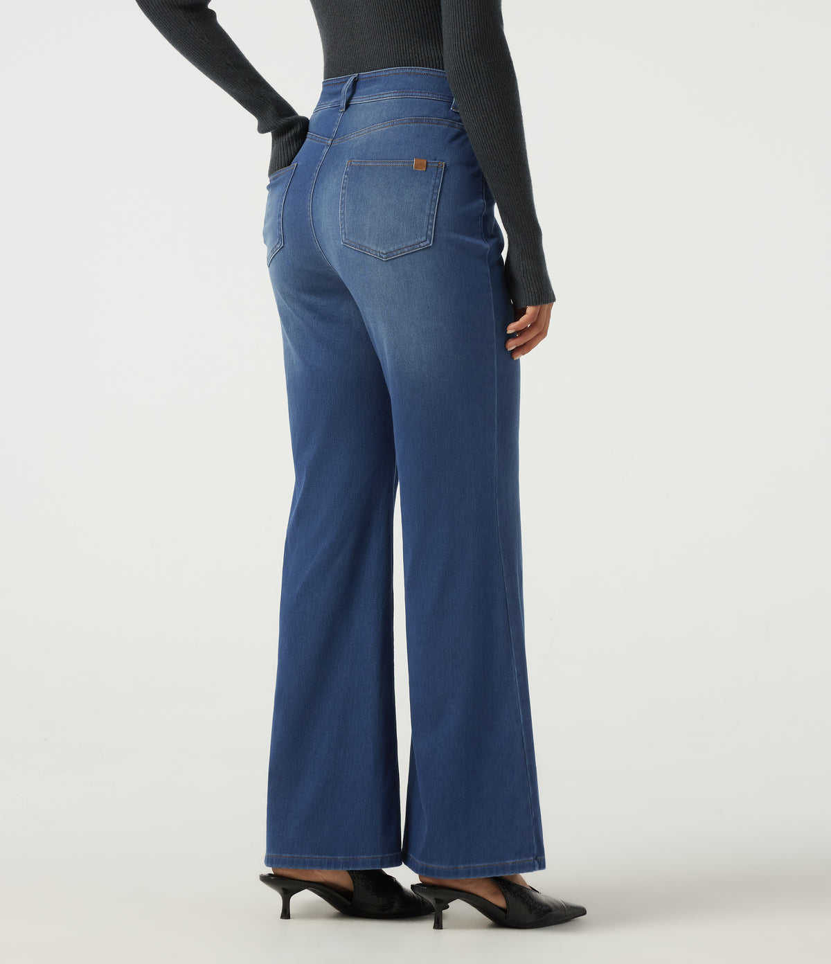 High Waisted Bootcut Casual Cotton Jeans with Pockets — Estate Blue Denim — view 2