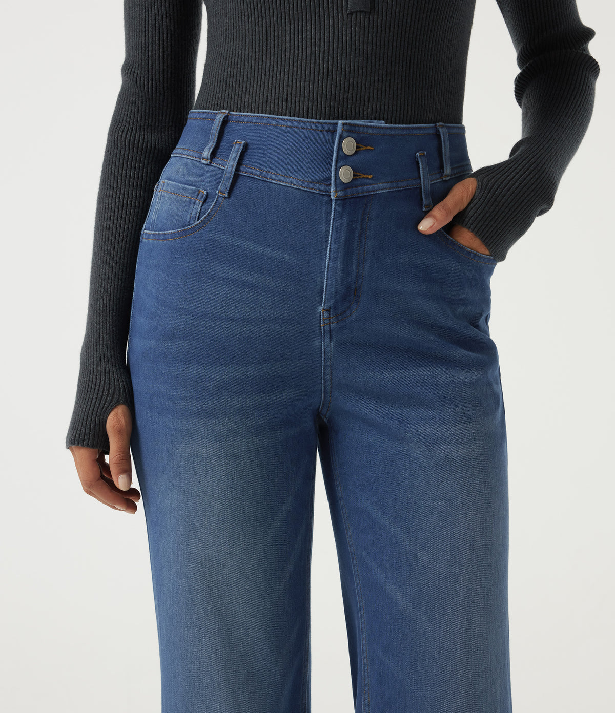 High Waisted Bootcut Casual Cotton Jeans with Pockets — Estate Blue Denim — view 4