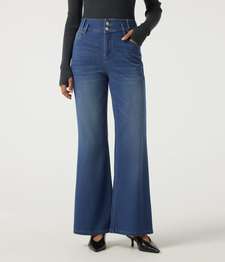 High Waisted Bootcut Casual Cotton Jeans with Pockets — Estate Blue Denim — view 1