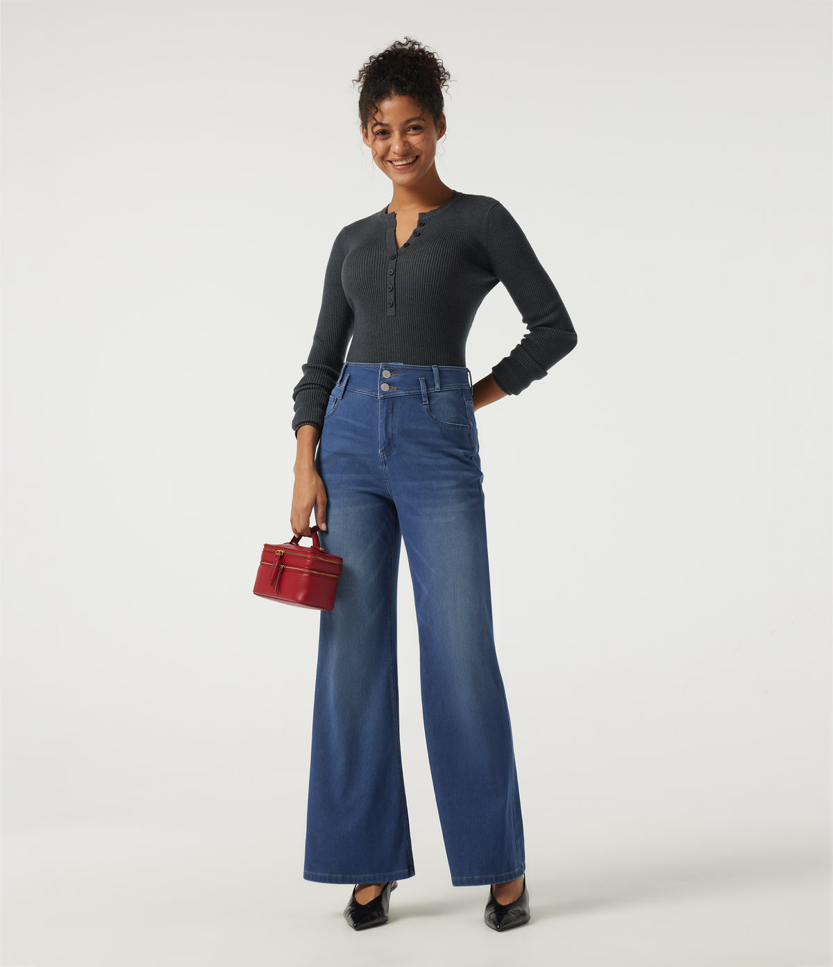 High Waisted Bootcut Casual Cotton Jeans with Pockets — Estate Blue Denim — view 7