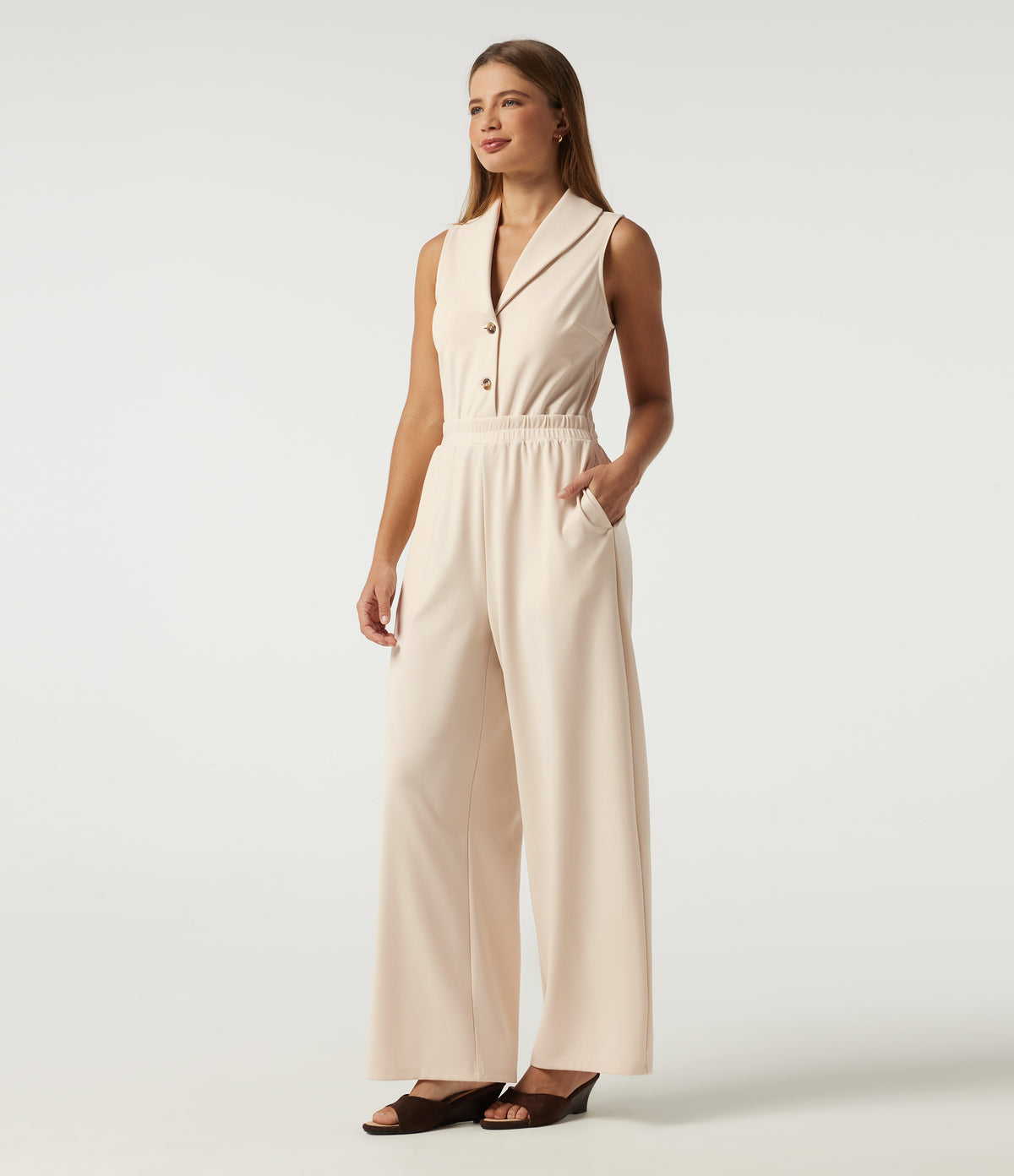 Lapel Collar Sleeveless Straight Leg Work Jumpsuit with Pockets - Edition — Arctic Wolf — view 3