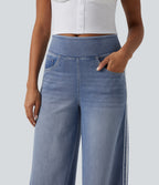 High Waisted Wide Leg Contrast Lace Casual Cotton Jeans with Pockets — Powder Blue Denim — view 8