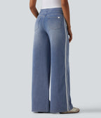 High Waisted Wide Leg Contrast Lace Casual Cotton Jeans with Pockets — Powder Blue Denim — view 2