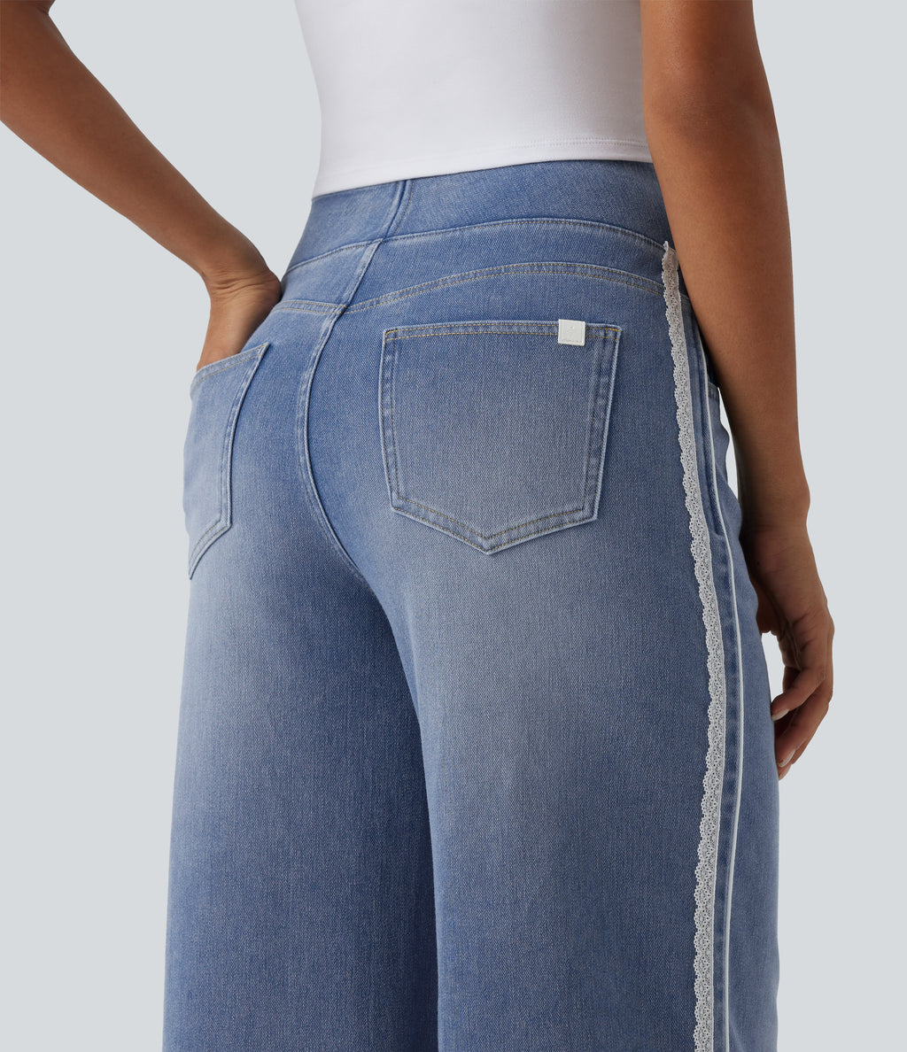 High Waisted Wide Leg Contrast Lace Casual Cotton Jeans with Pockets — Powder Blue Denim — view 7