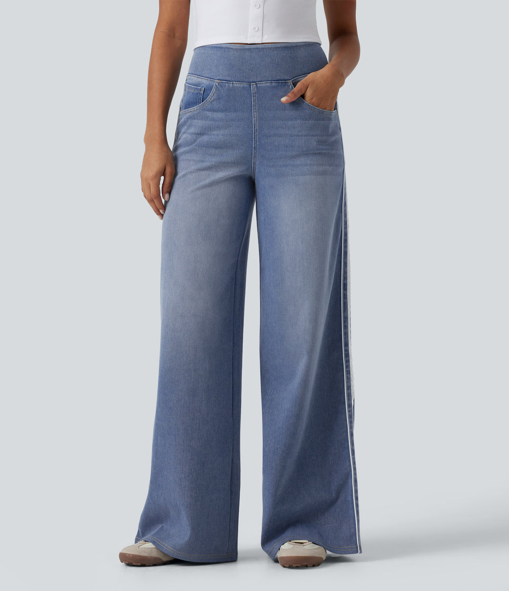 High Waisted Wide Leg Contrast Lace Casual Cotton Jeans with Pockets — Powder Blue Denim — view 3