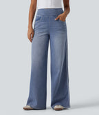 High Waisted Wide Leg Contrast Lace Casual Cotton Jeans with Pockets — Powder Blue Denim — view 3