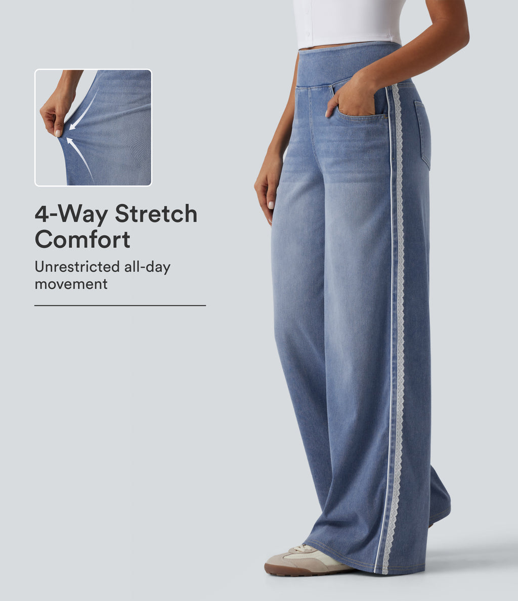 High Waisted Wide Leg Contrast Lace Casual Cotton Jeans with Pockets — Powder Blue Denim — view 1