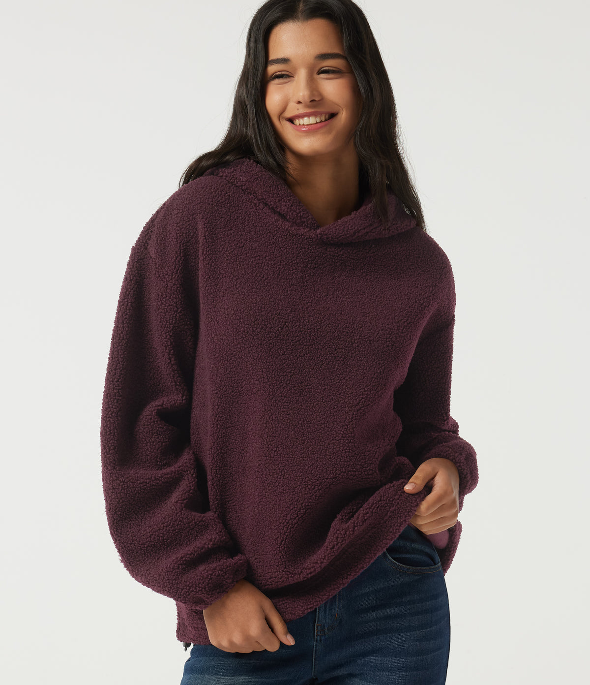 Hooded Long Sleeve Fleece Casual Sweatshirt with Pockets — Blackcurrant — view 5