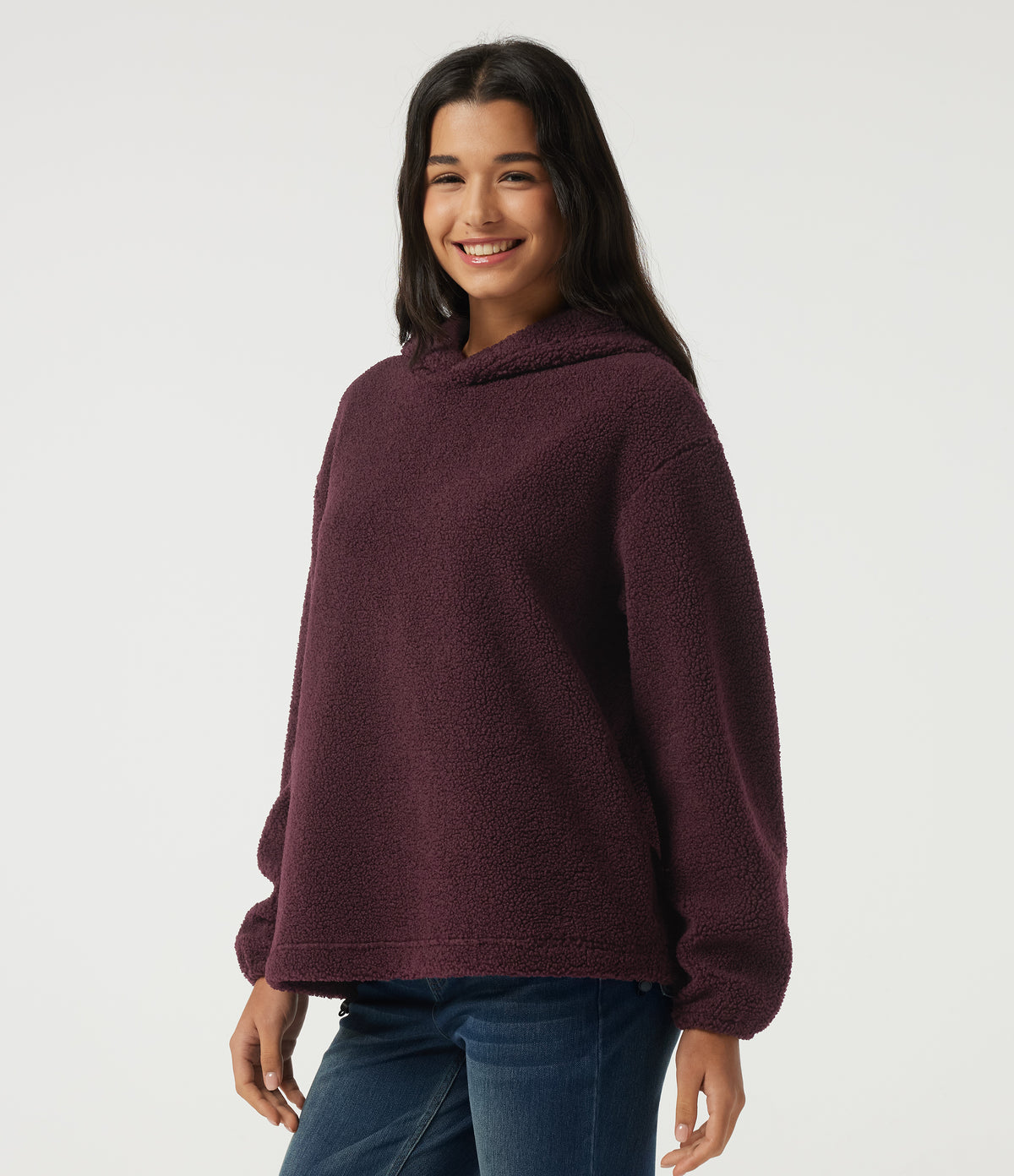 Hooded Long Sleeve Fleece Casual Sweatshirt with Pockets — Blackcurrant — view 3