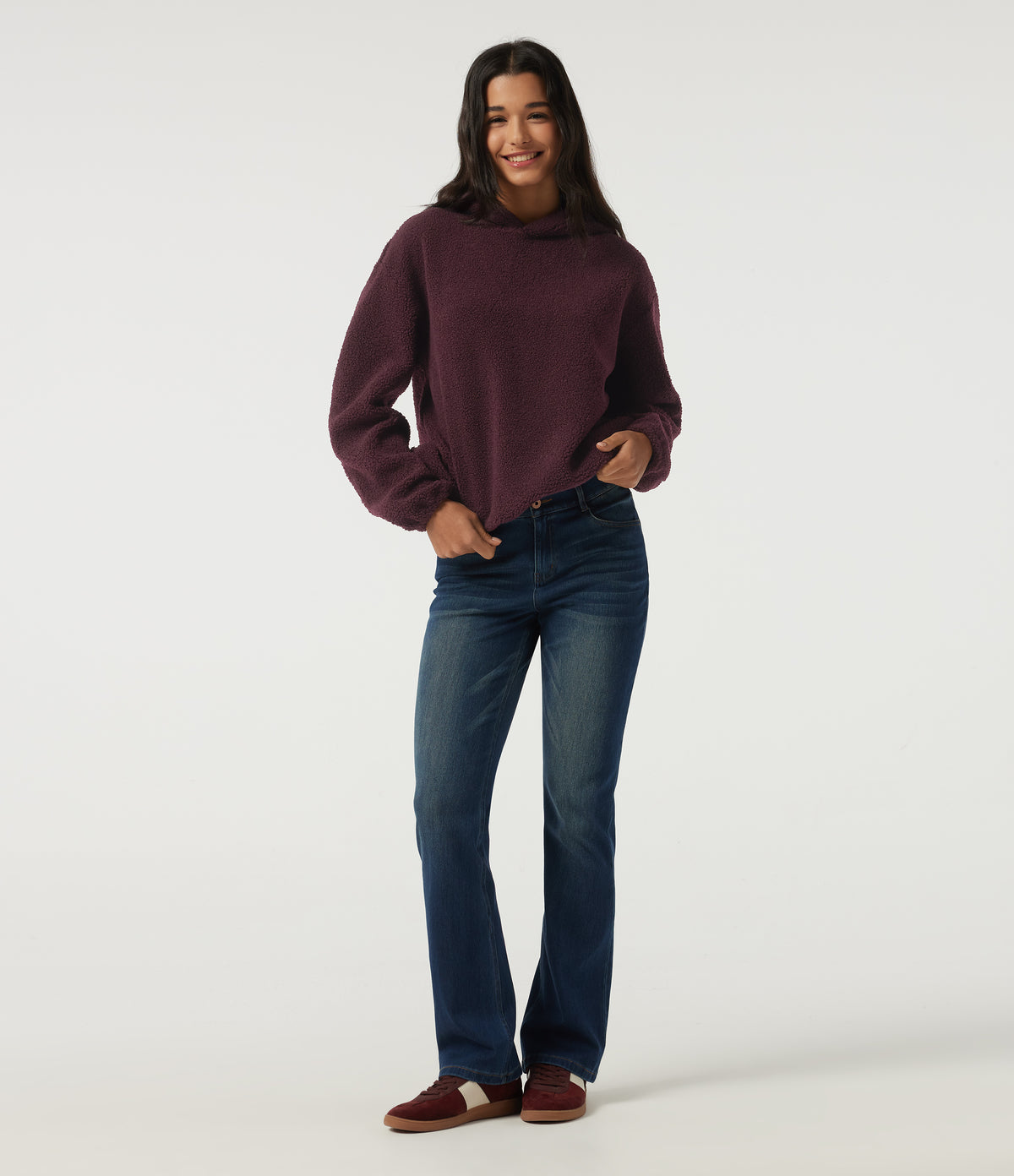 Hooded Long Sleeve Fleece Casual Sweatshirt with Pockets — Blackcurrant — view 8