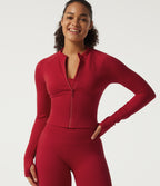 OneForm Seamless Flow Long Sleeve Curved Hem Workout Jacket with Thumbholes — Savvy Red — view 5