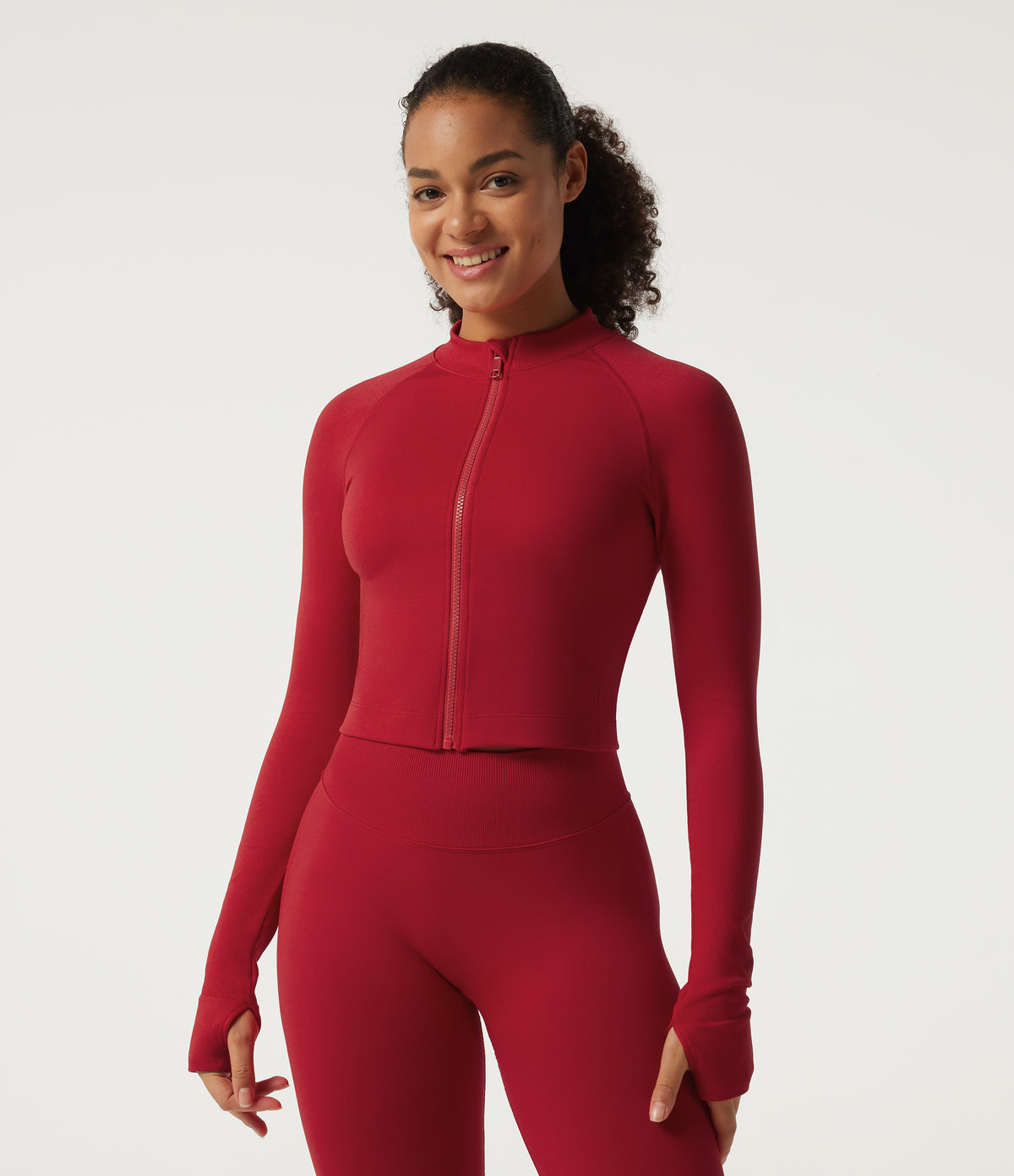 OneForm Seamless Flow Long Sleeve Curved Hem Workout Jacket with Thumbholes — Savvy Red — view 1