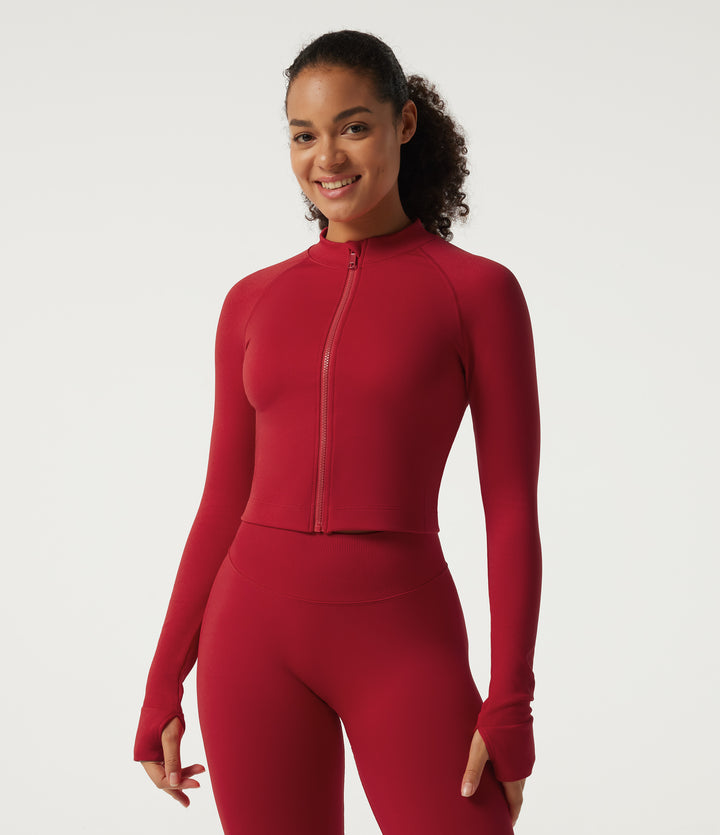 OneForm Seamless Flow Long Sleeve Curved Hem Workout Jacket with Thumbholes — Savvy Red — view 1