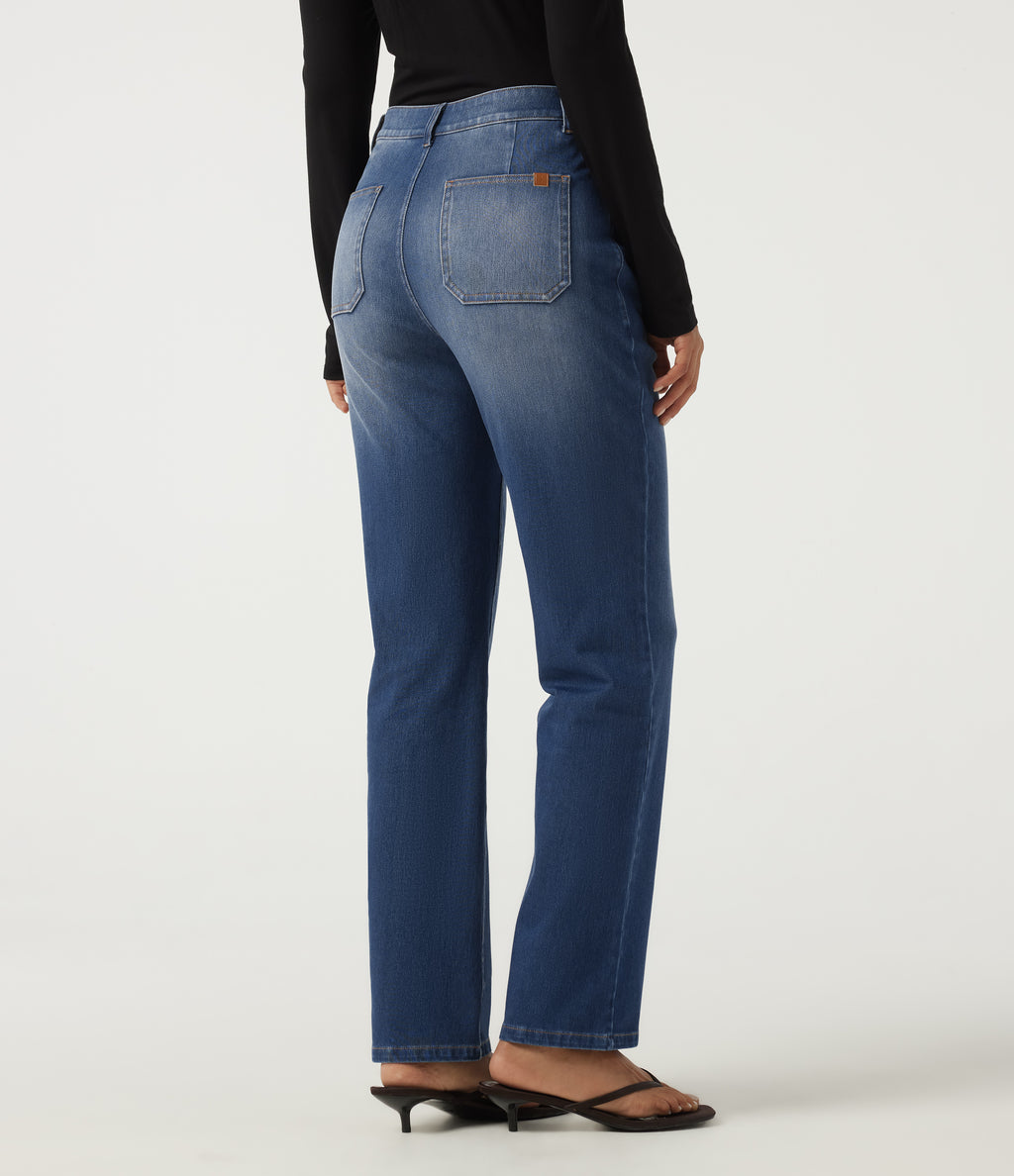 Mid Rise Straight Leg Casual Cotton Jeans with Pockets — Baja Blue Denim — view 2