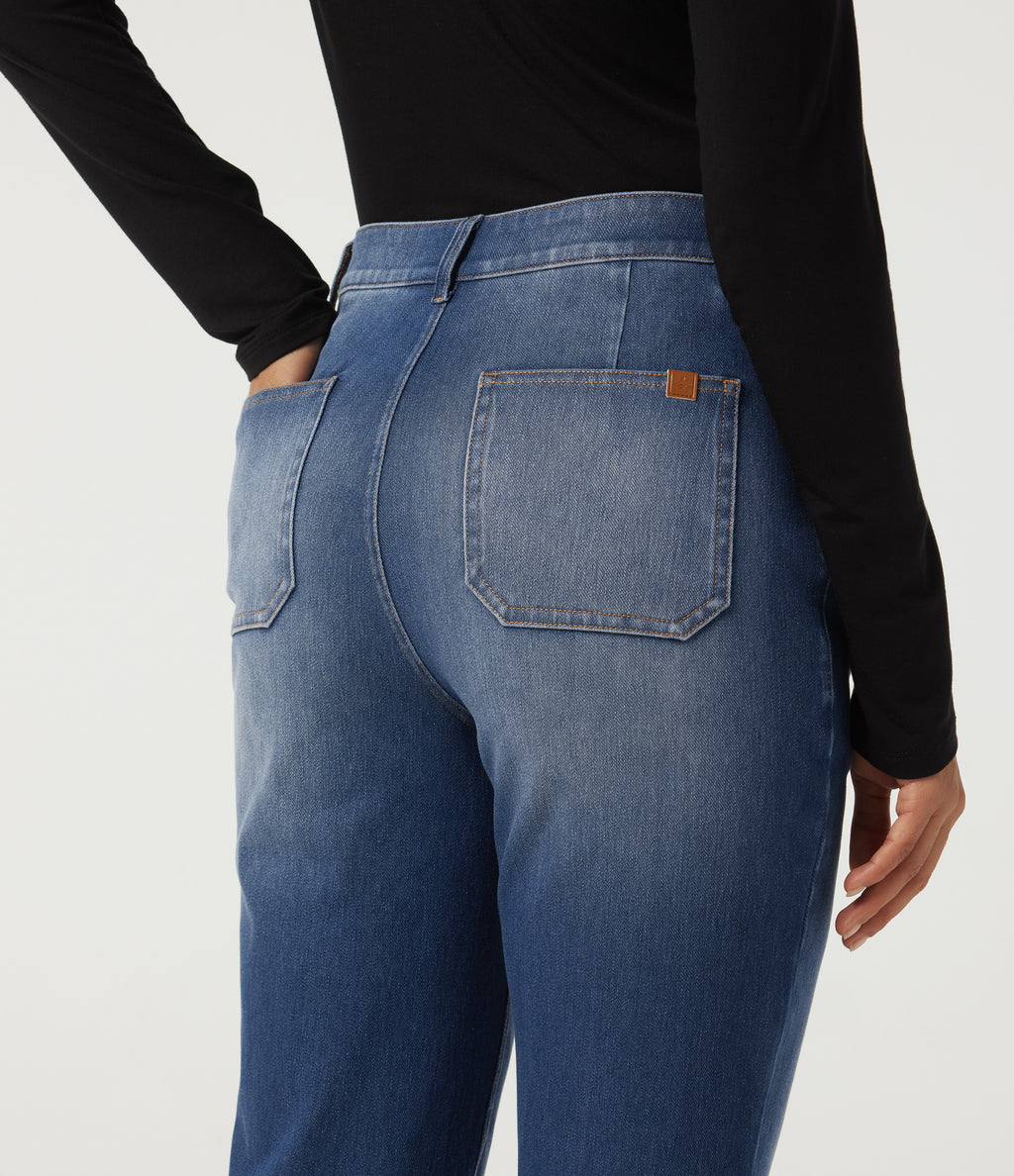 Mid Rise Straight Leg Casual Cotton Jeans with Pockets — Baja Blue Denim — view 5
