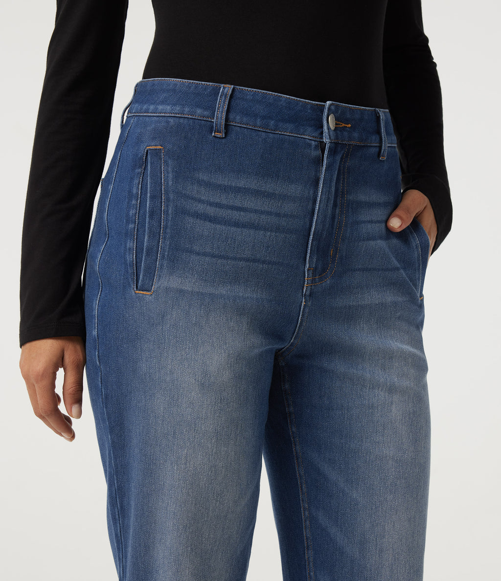 Mid Rise Straight Leg Casual Cotton Jeans with Pockets — Baja Blue Denim — view 4