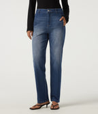 Mid Rise Straight Leg Casual Cotton Jeans with Pockets — Baja Blue Denim — view 1