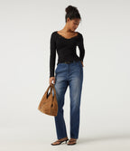 Mid Rise Straight Leg Casual Cotton Jeans with Pockets — Baja Blue Denim — view 7