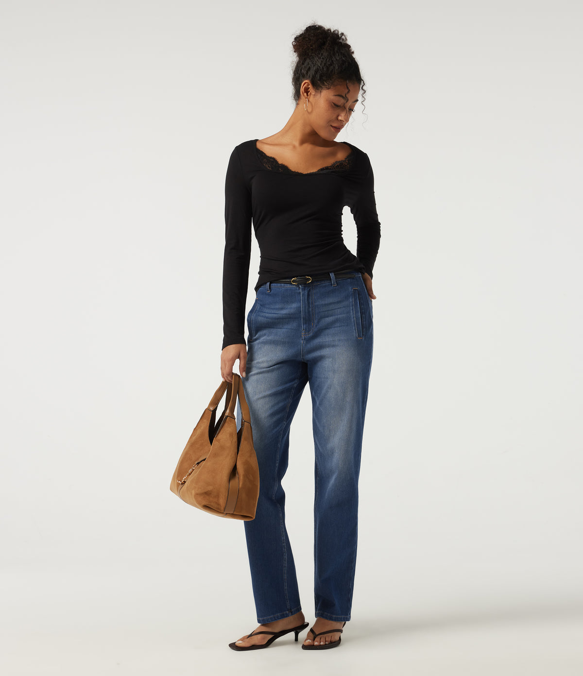 Mid Rise Straight Leg Casual Cotton Jeans with Pockets — Baja Blue Denim — view 7