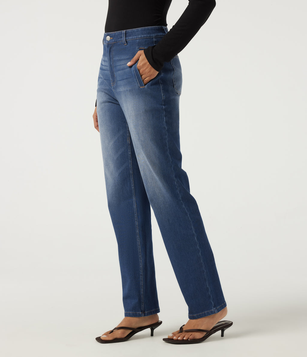 Mid Rise Straight Leg Casual Cotton Jeans with Pockets — Baja Blue Denim — view 3