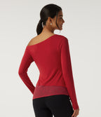 One Shoulder Long Sleeve Slim Ruched Contrast Lace Asymmetric Casual Top — Rubicondo — view 2