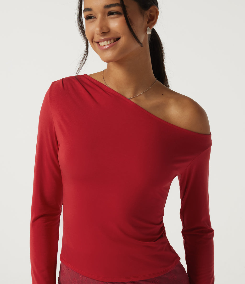 One Shoulder Long Sleeve Slim Ruched Contrast Lace Asymmetric Casual Top — Rubicondo — view 5