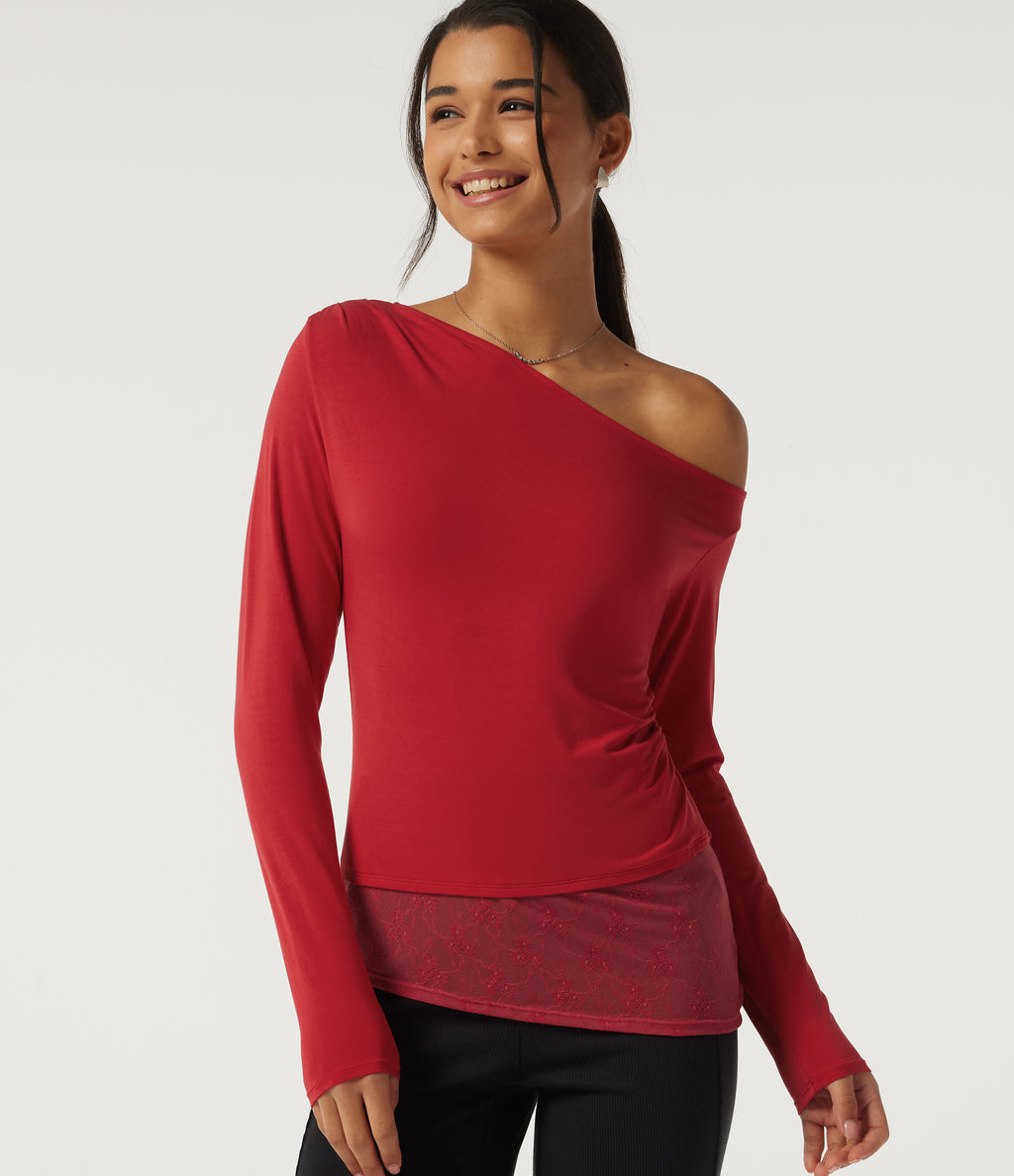 One Shoulder Long Sleeve Slim Ruched Contrast Lace Asymmetric Casual Top — Rubicondo — view 4
