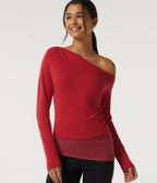One Shoulder Long Sleeve Slim Ruched Contrast Lace Asymmetric Casual Top — Rubicondo — view 4