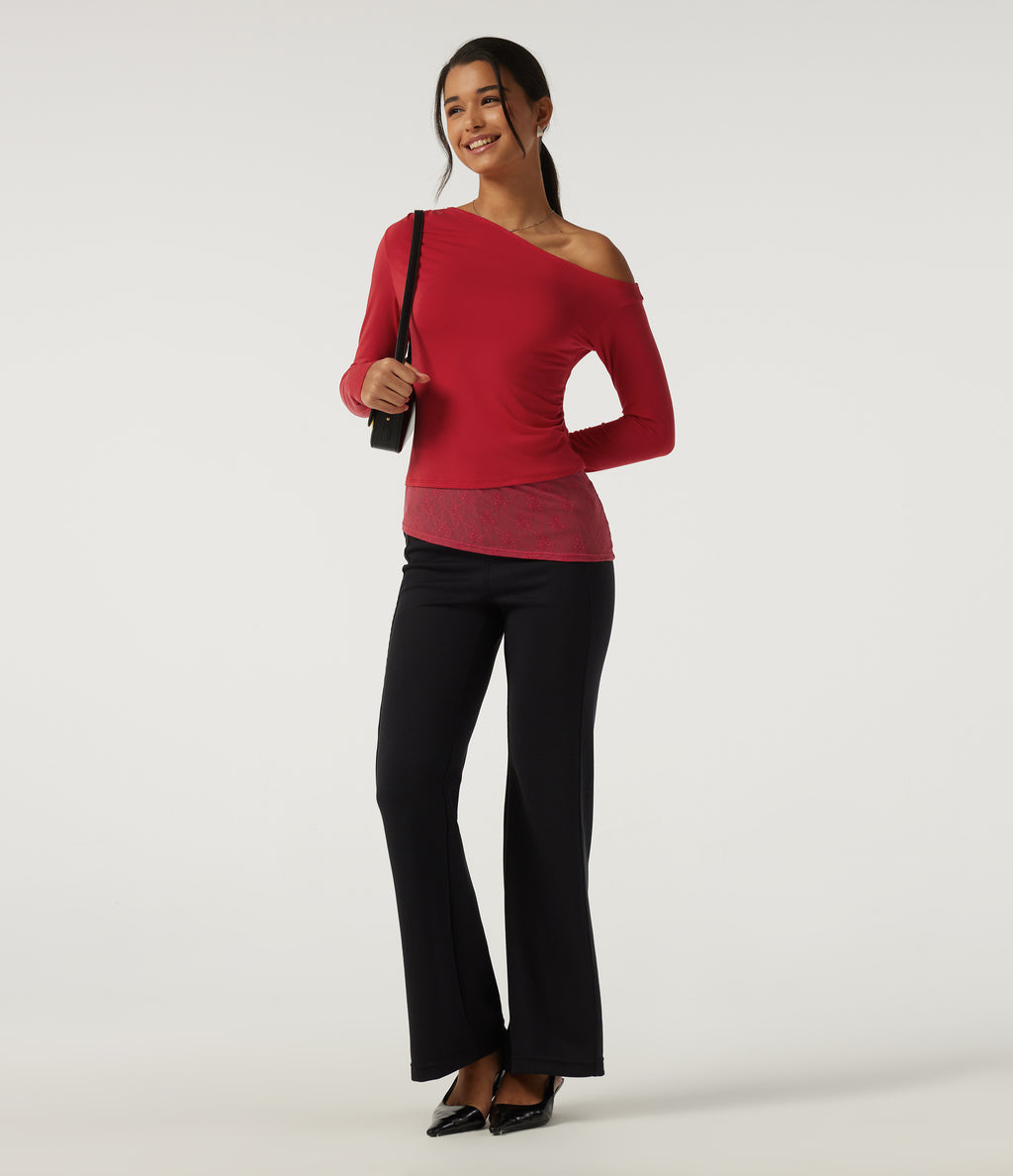 One Shoulder Long Sleeve Slim Ruched Contrast Lace Asymmetric Casual Top — Rubicondo — view 8