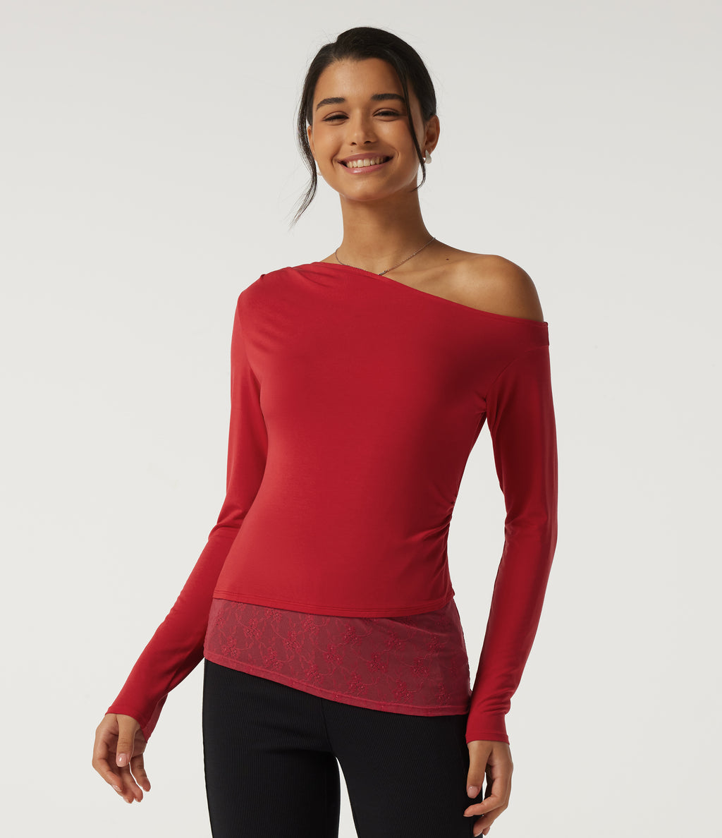 One Shoulder Long Sleeve Slim Ruched Contrast Lace Asymmetric Casual Top — Rubicondo — view 1