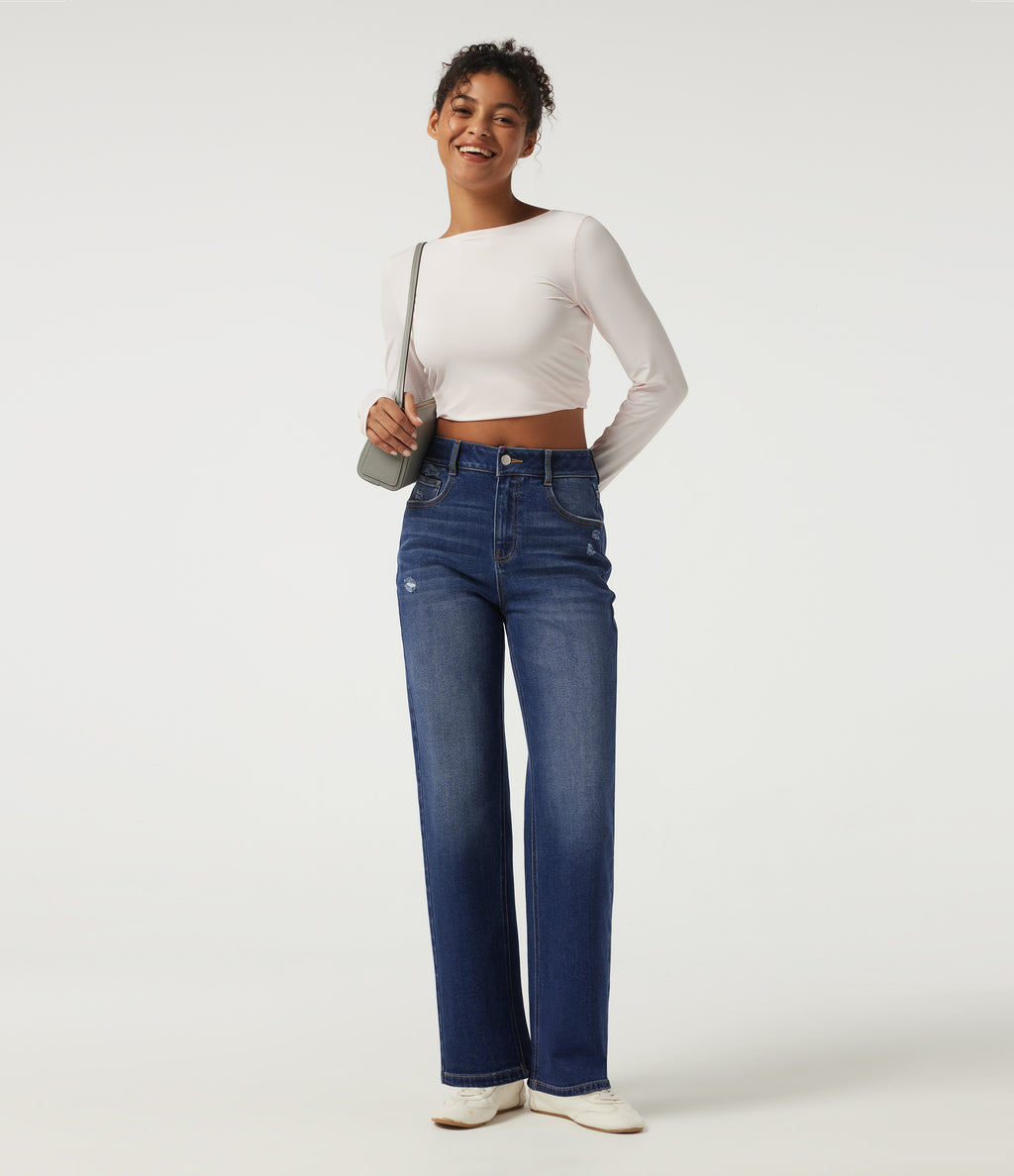 High Waisted Straight Leg Casual Cotton Jeans with Pockets — Tide Blue Denim — view 8