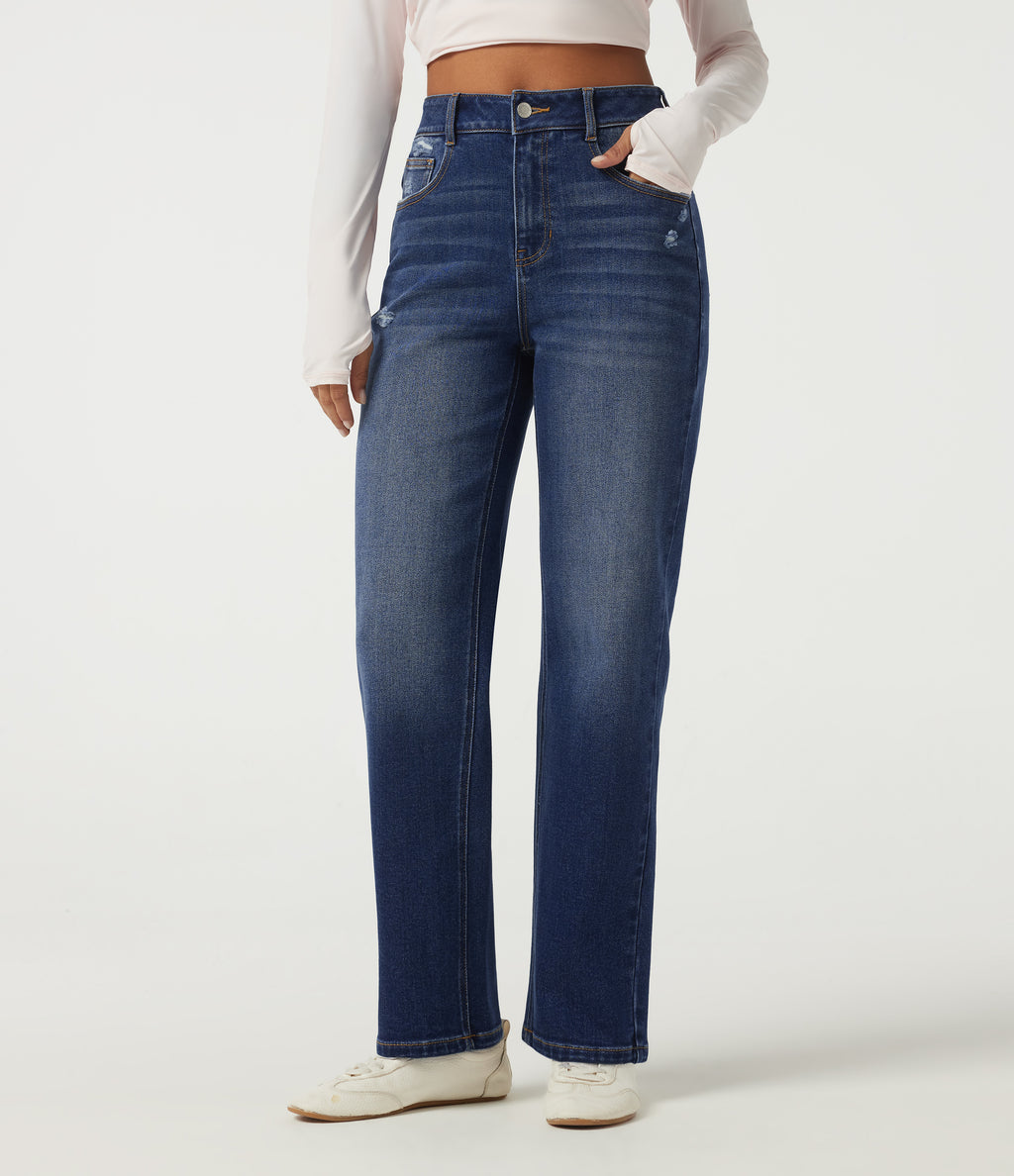 High Waisted Straight Leg Casual Cotton Jeans with Pockets — Tide Blue Denim — view 3