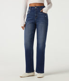 High Waisted Straight Leg Casual Cotton Jeans with Pockets — Tide Blue Denim — view 3