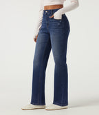 High Waisted Straight Leg Casual Cotton Jeans with Pockets — Tide Blue Denim — view 1