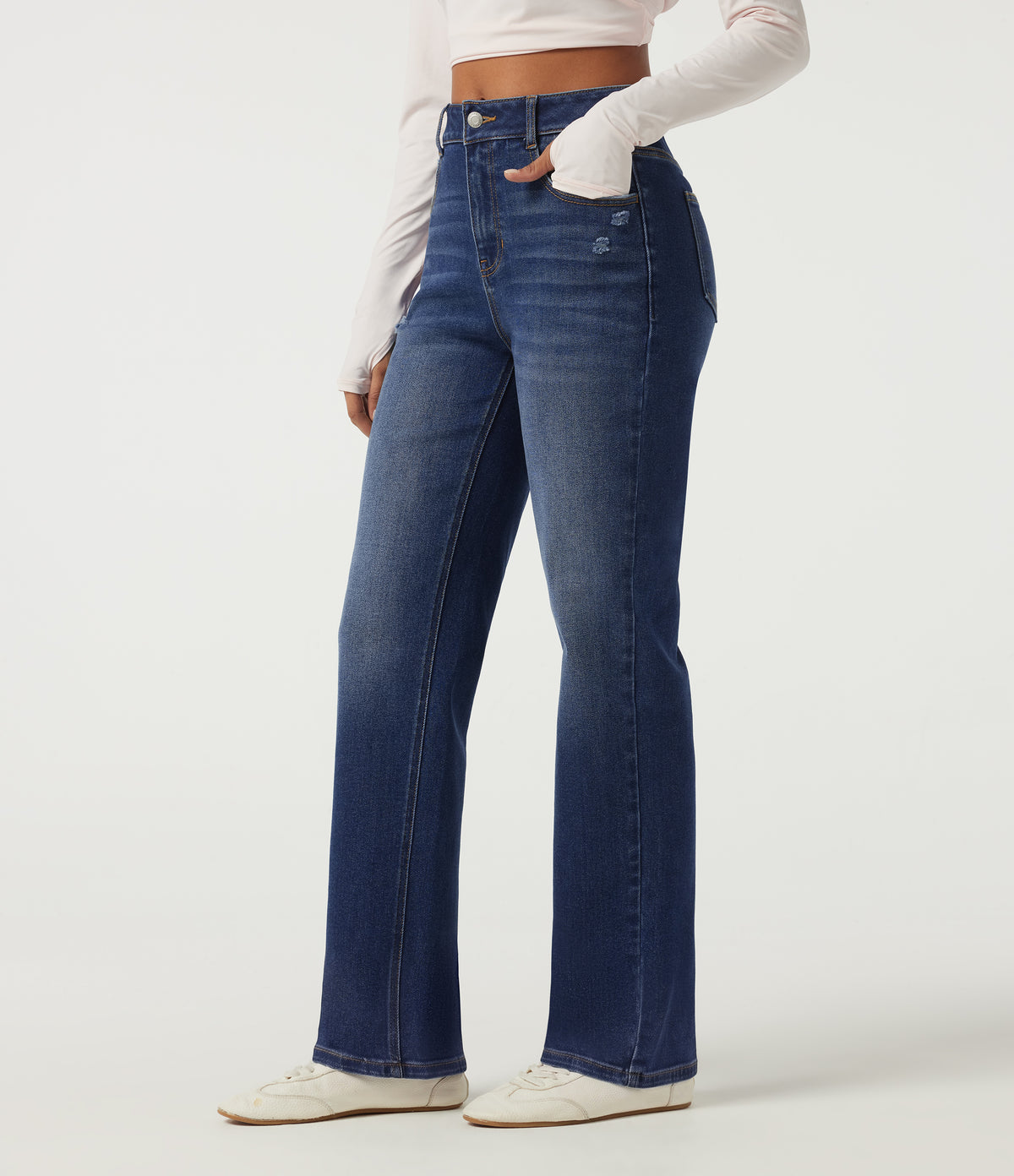 High Waisted Straight Leg Casual Cotton Jeans with Pockets — Tide Blue Denim — view 1