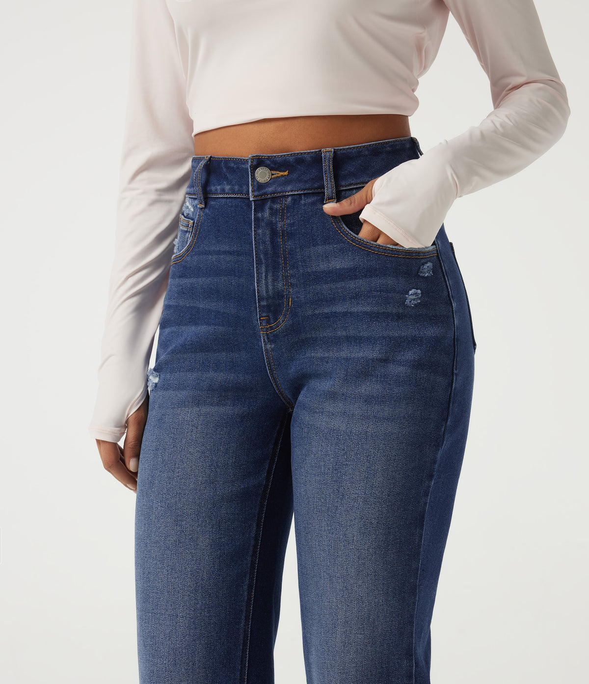 High Waisted Straight Leg Casual Cotton Jeans with Pockets — Tide Blue Denim — view 4