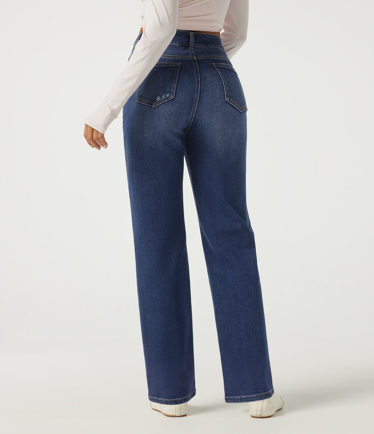 High Waisted Straight Leg Casual Cotton Jeans with Pockets — Tide Blue Denim — view 2