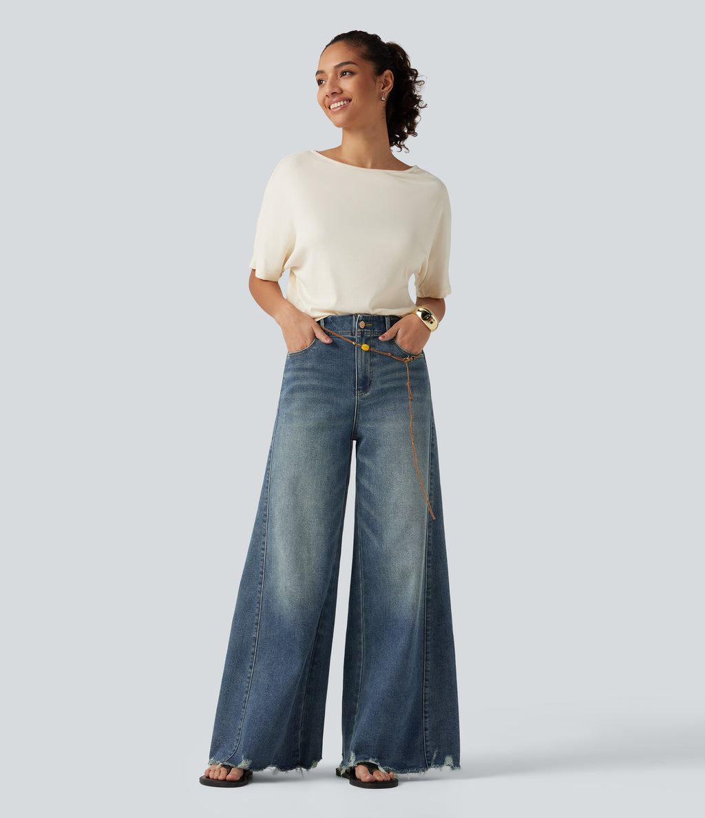 High Waisted Casual Cotton Flare Jeans with Pockets — Tide Blue Denim — view 7