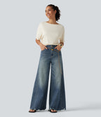 High Waisted Casual Cotton Flare Jeans with Pockets — Tide Blue Denim — view 7