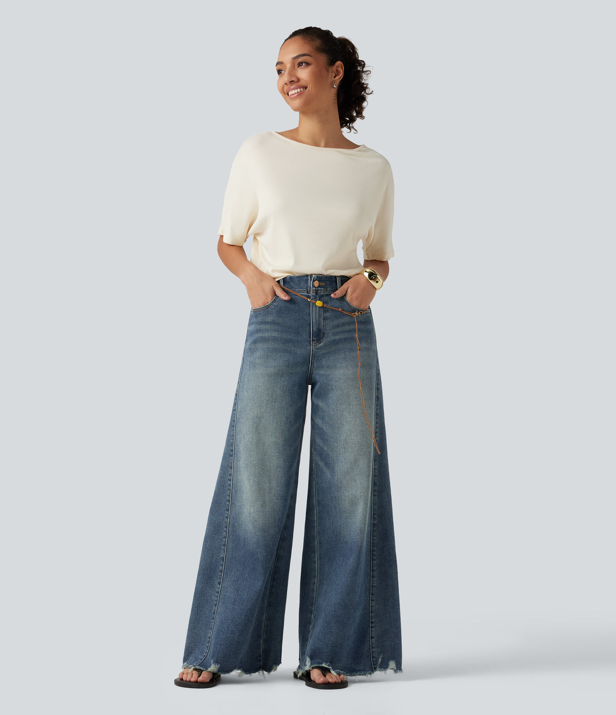 High Waisted Casual Cotton Flare Jeans with Pockets — Tide Blue Denim — view 7