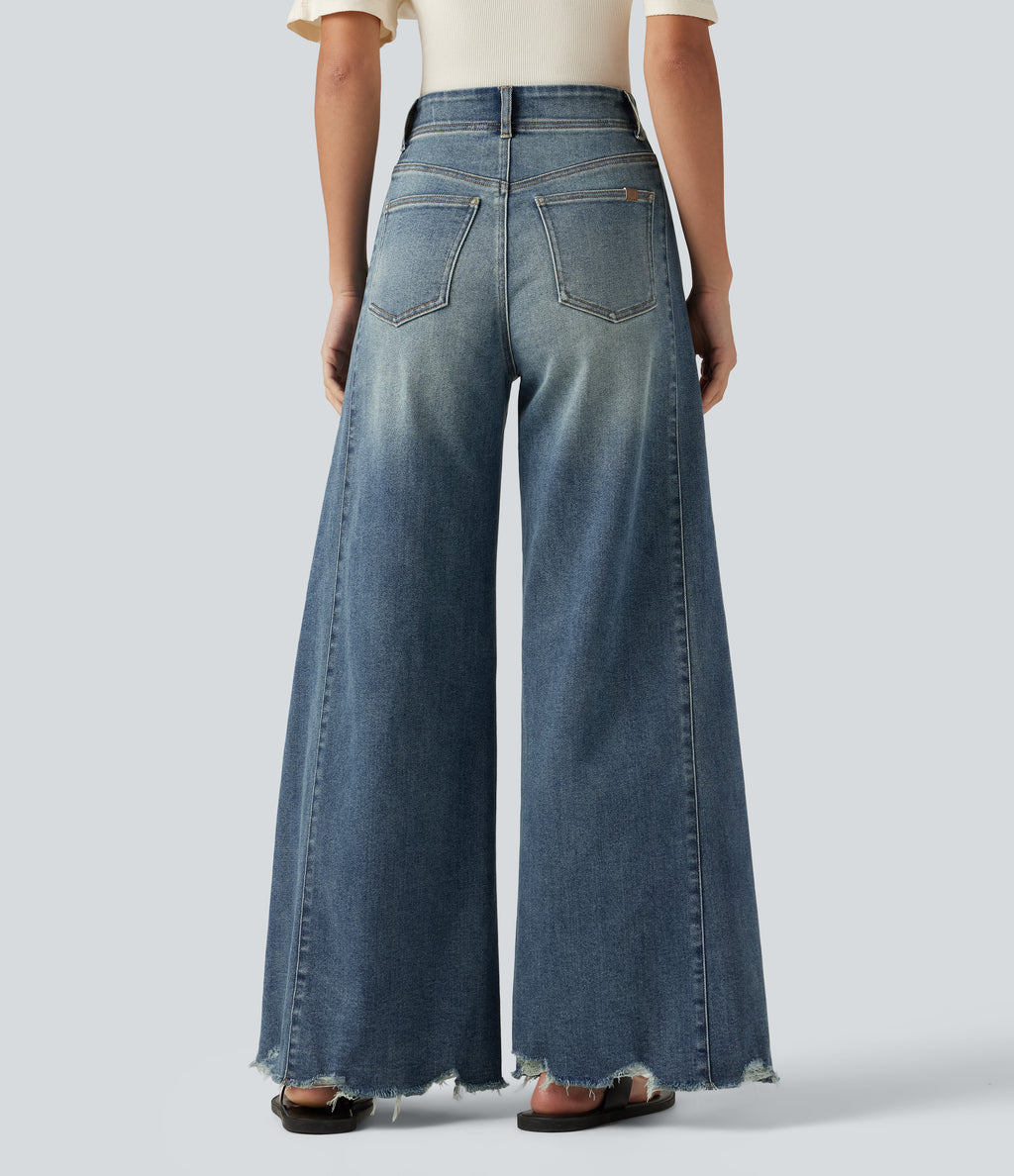 High Waisted Casual Cotton Flare Jeans with Pockets — Tide Blue Denim — view 2
