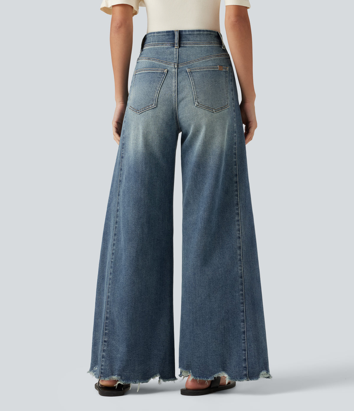 High Waisted Casual Cotton Flare Jeans with Pockets — Tide Blue Denim — view 2