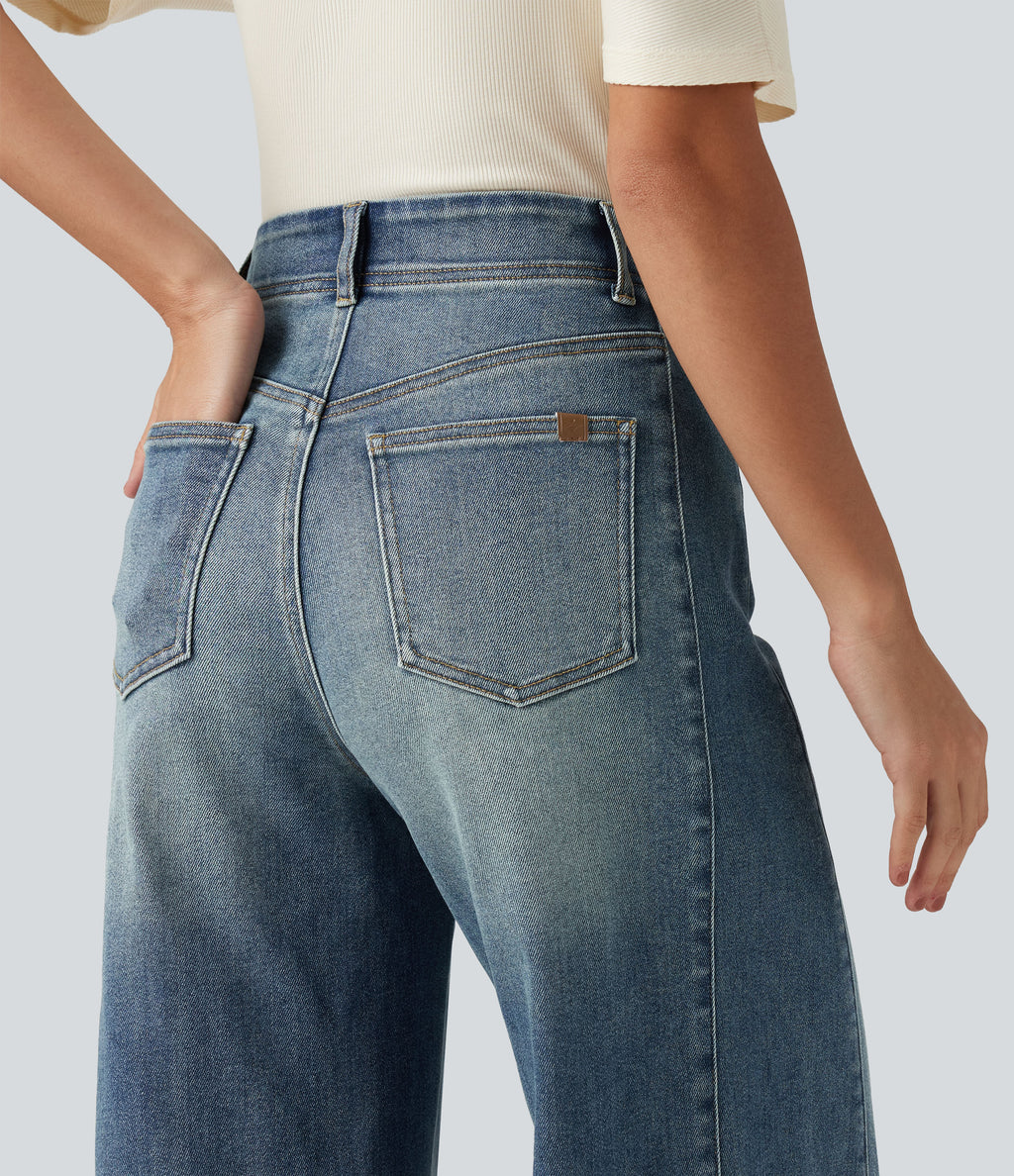 High Waisted Casual Cotton Flare Jeans with Pockets — Tide Blue Denim — view 5