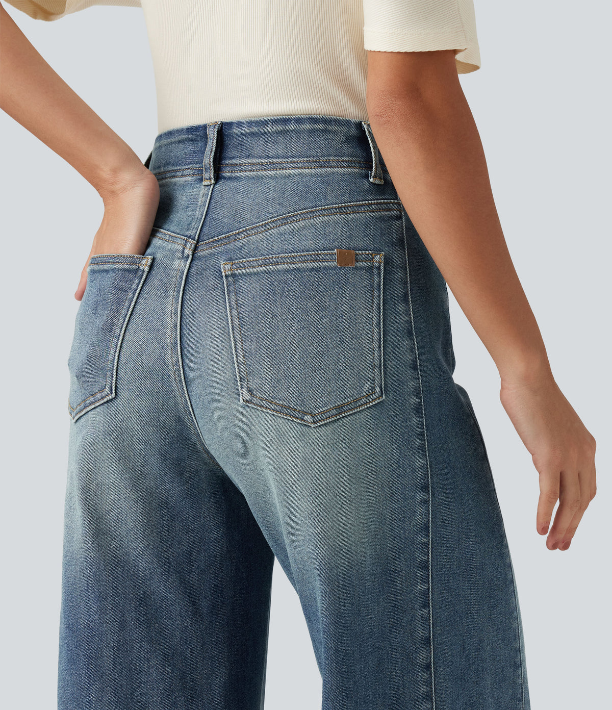 High Waisted Casual Cotton Flare Jeans with Pockets — Tide Blue Denim — view 5