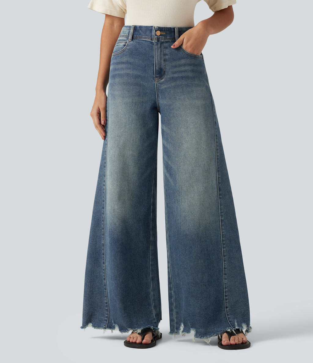 High Waisted Casual Cotton Flare Jeans with Pockets — Tide Blue Denim — view 1