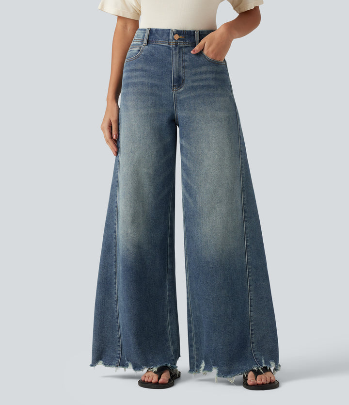 High Waisted Casual Cotton Flare Jeans with Pockets — Tide Blue Denim — view 1