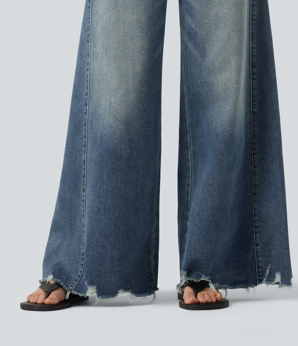 High Waisted Casual Cotton Flare Jeans with Pockets — Tide Blue Denim — view 6